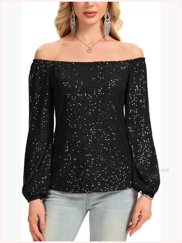 Off Shoulder Sequin Tops Long Sleeve Sparkly Blouses Club Party